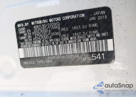 2019 Mitsubishi Outlander Es из США, поврежденный, VIN JA4AD2A36KZ038502